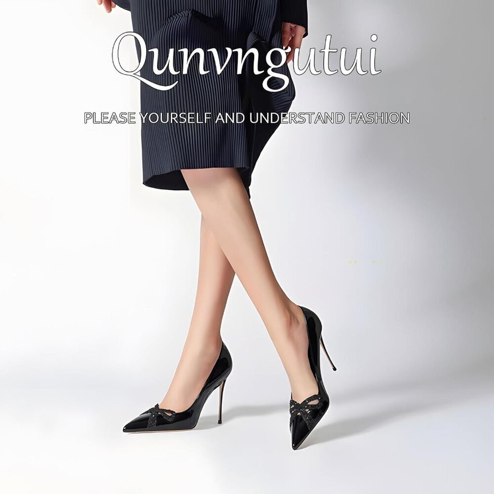 Women's Black Pointed Butterfly Decoration Shallow 3.9in Stiletto Pumps Heels - Picture 2 of 7